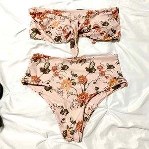 Pale pink floral bandeau bikini